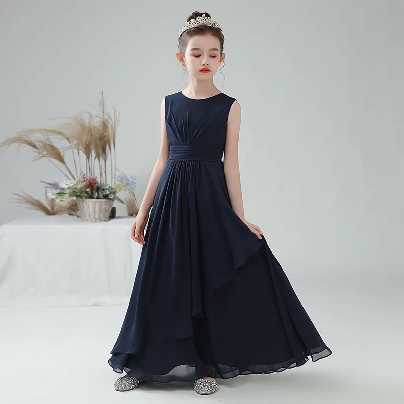 Dideyttawl Customized Navy Blue Chiffon Girls Formal Party Gowns Long Junior Bridesmaid Flower Girl Dresses For Wedding Evening