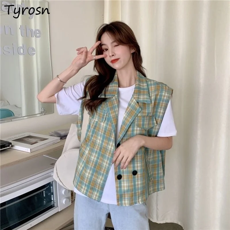 

Waistcoats Women Plaid Summer Sleeveless Blazers Chic Loose All-match Notched Mujer Elegant Fashion Vests Retro Harajuku