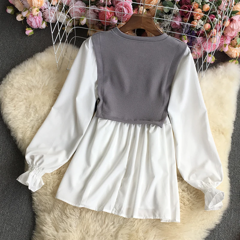 2022 Spring Women Korean Round Neck Split Knit Patchwork Loose Shirt Top Ruffle Lace Uppullover Shirt Blouse Blusones De Mujer