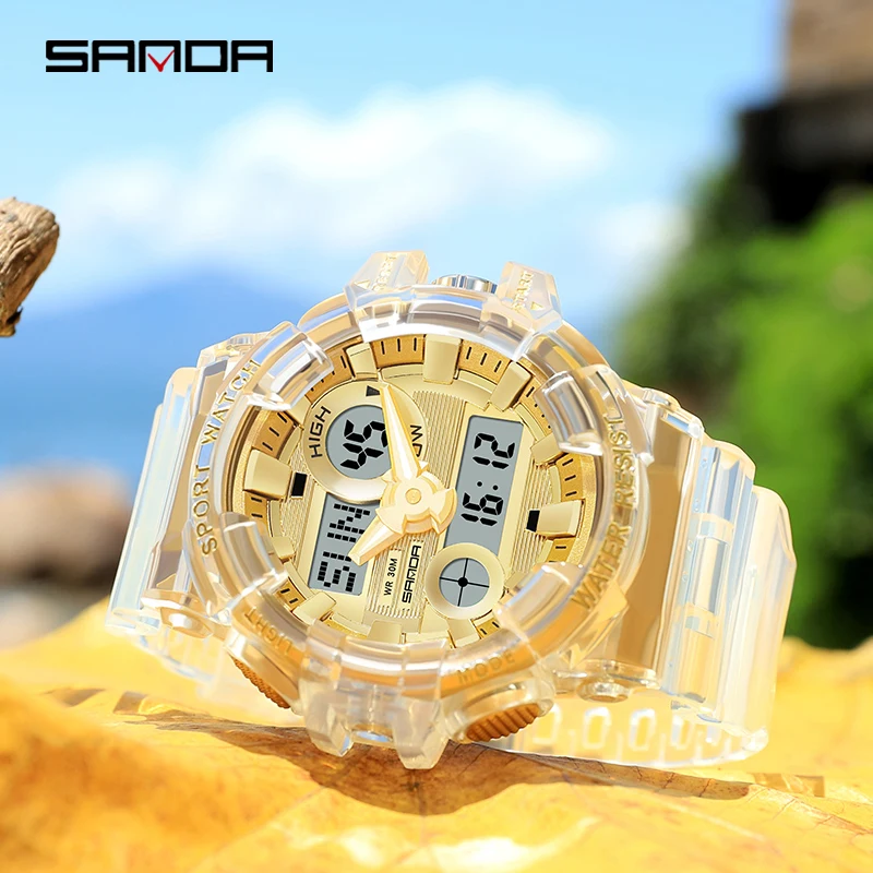 Sanda Sport Watch Men Waterproof Top Brand Digital Watches Transparent Band Dual Display Quartz Wristwatch Reloj De Hombre