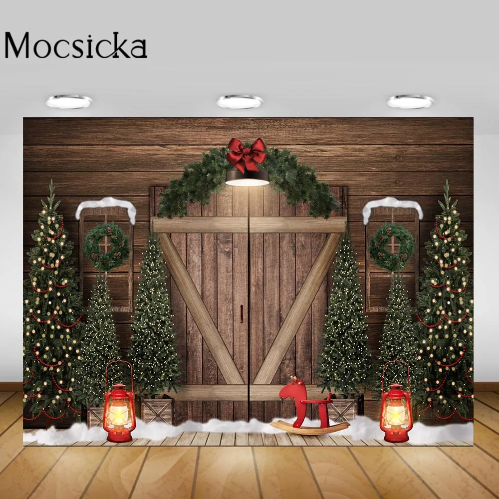 

Mocsicka Wood Door Wall Christmas Tree Backdrops for Photography Pine Wreath Snow Baby Child Photo Background Props Photo Studio