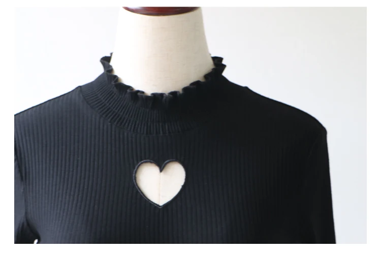 Vintage Ruffle Women White T Shirt Hollow Heart Turtleneck Ribbed Knitted Tops Female Kawaii Black Long Sleeve Elegant Tee Shirt