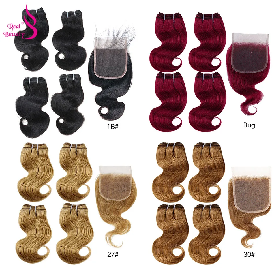 Real Beauty 4 Bundles With Closure 50g/pc Peruvian Body Wave Human Hair With Lace Closure Honey Blond 99j Remy  Wavy Hair