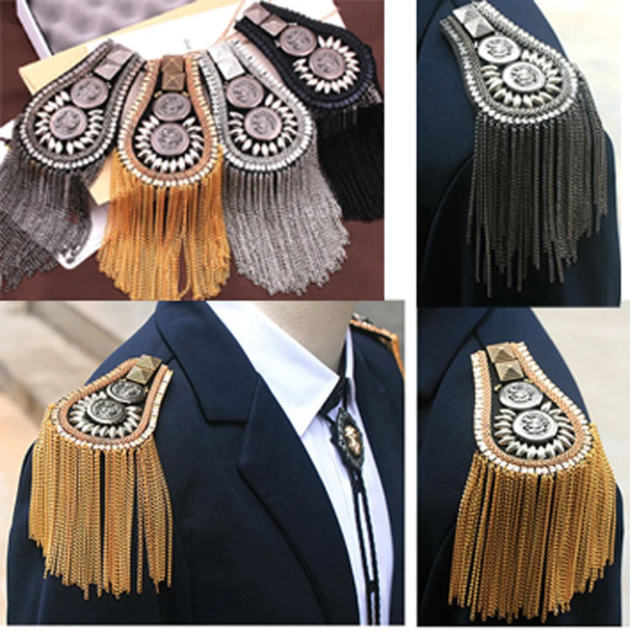 2Pcs British Style Brooch Small Suit Shoulder Strap Multi Tassel Rivet Epaulet Epaulette Shirt Singer Compere Stage Jewelry