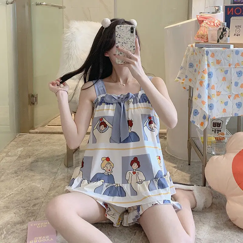 Pajama Sets Women Sleeveless Summer Hot Sale Sleepwear Sweet Girl Korean Style Harajuku Simple Leisure Soft Chic Lovely Ins New