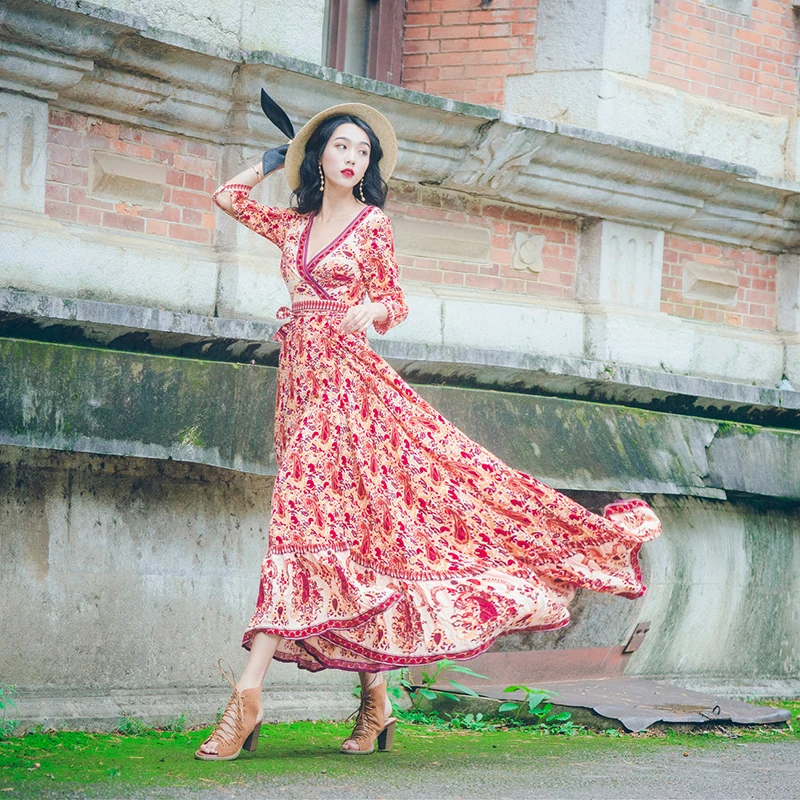 Floral impressão boêmio praia vestido longo chiffon das mulheres vestido 3/4 manga dividir boho estilo maxi vestido de verão praia vestidos de festa