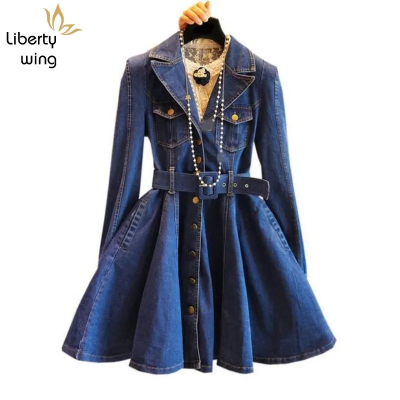 

New Arrival Spring Autumn Womens Belted Denim Trench Blue Color A Line Sashes Female Clothes For Woman Robe Femme