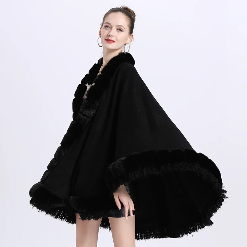 Full Trim Bamboo Joint Faux Rex Rabbit Fur Cape Coat Long Fashion Tassels Double Hem Autumn Winter New Knit Cardigan Wraps Cloak