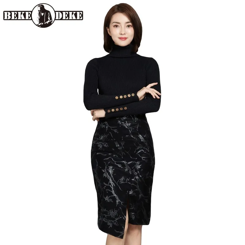 

Women Elegant Prints Genuine Leather Skirts Brand High Waist Wrap Skirts Autumn Winter Irregular Knee-Length Skirt