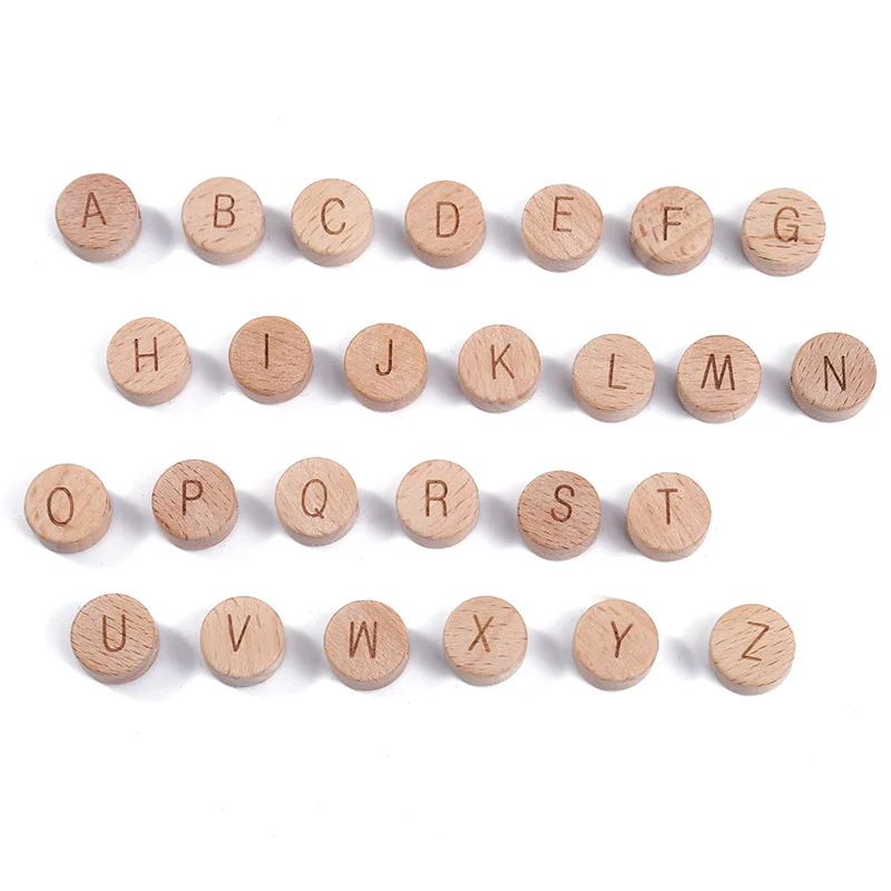 26PCS 12MM Letter Beads Engrave Wood Teether Bead Alphabet Bead Bijtring Teething Toy Chewable Baby Product DIY Baby Accessories