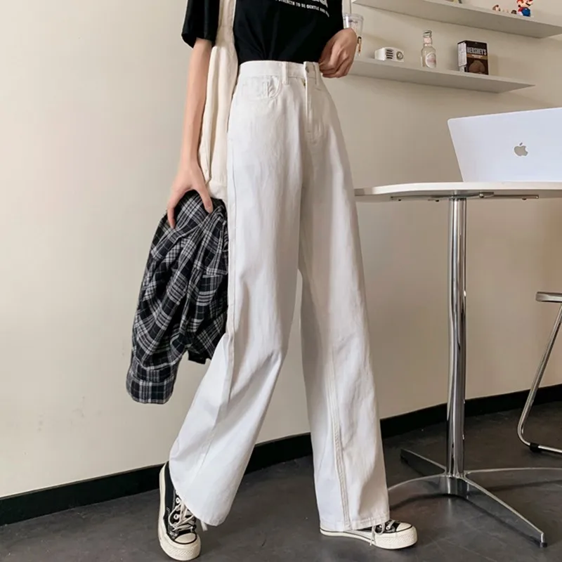 Women White Casual Jeans New Arrival 2021 Autumn Korean Style All-match Loose High Waist Female Wide Leg Denim Pants T012