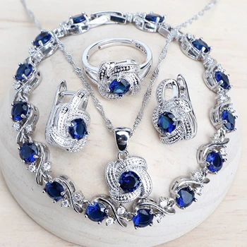 Set di gioielli da donna con zirconi blu in argento sterling 925 da sposa, bigiotteria, orecchini, anelli, bracciali, collana con ciondolo