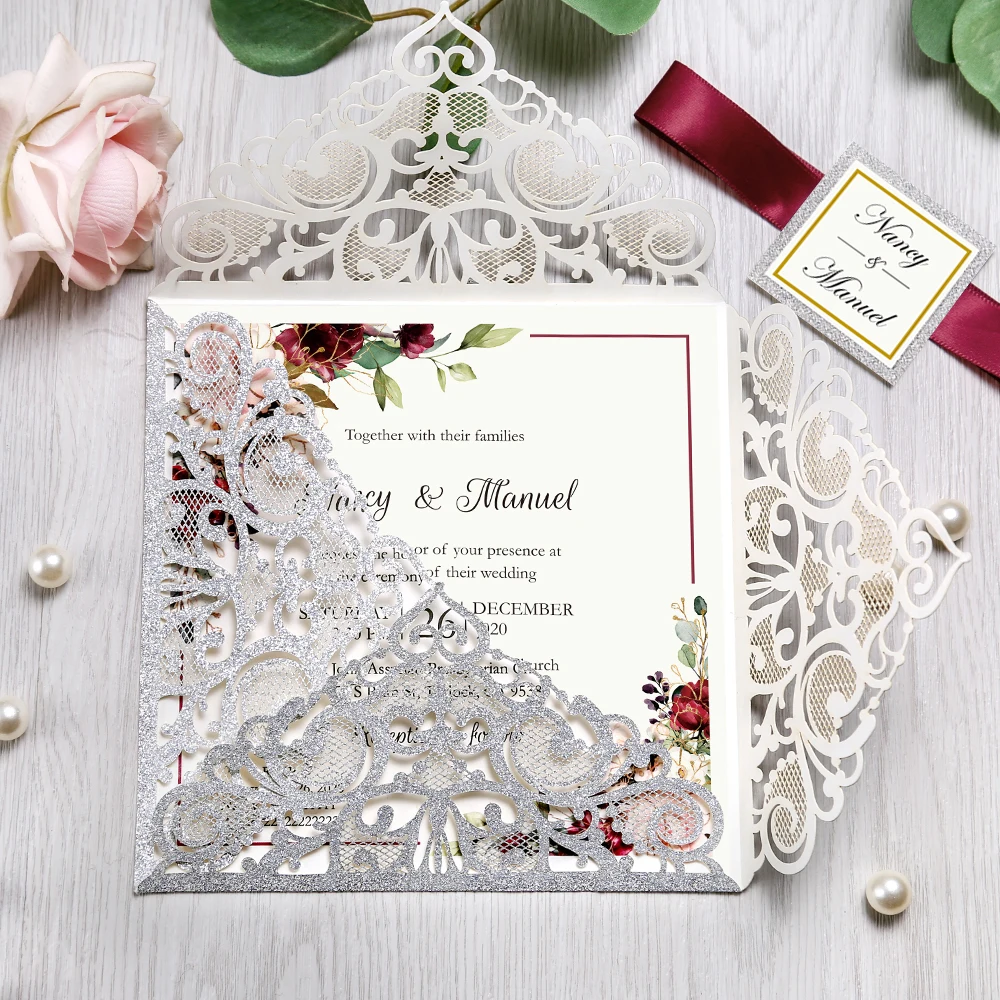 

50pcs Silver Square Glitter Paper Laser Cut Wedding Invitation Card With Personalized Wedding Decor Party Supplies
