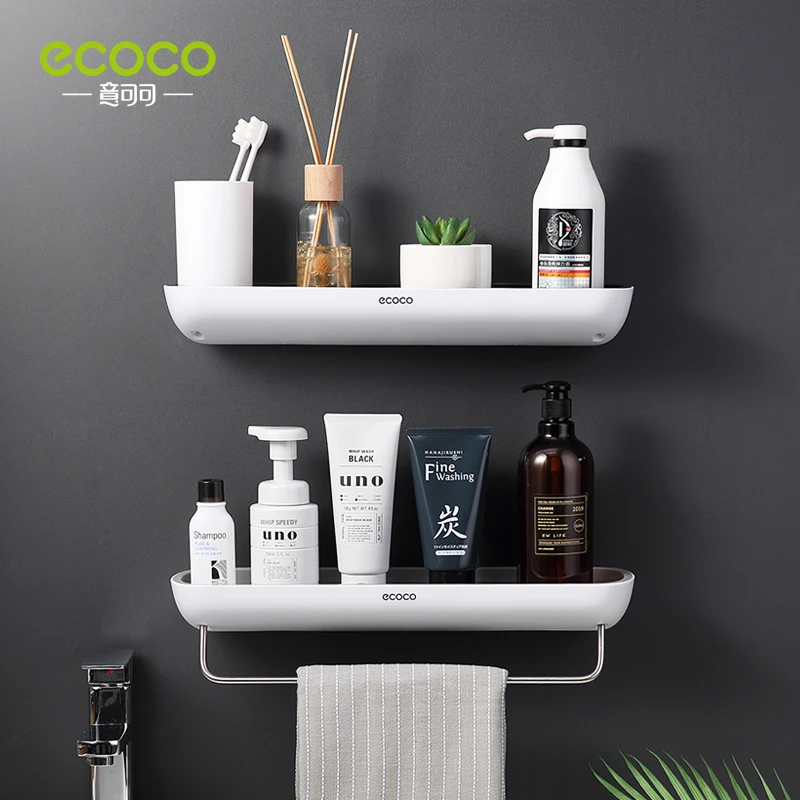 ECOCO-estante de almacenamiento para baño, soporte montado en la pared para champú, especias, organizador de ducha, accesorios de baño con barra de toalla