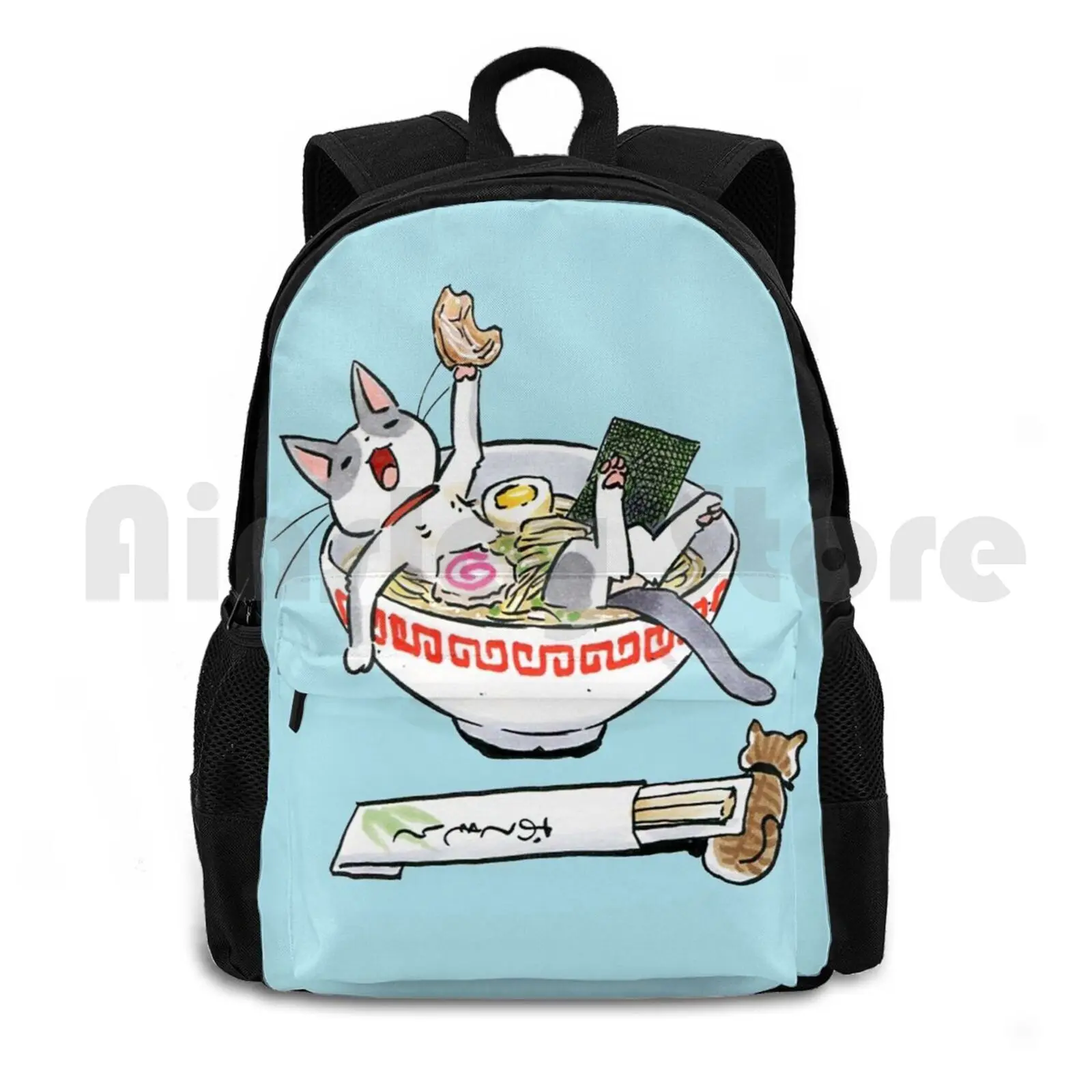 Funny Cat Outdoor Hiking Backpack Riding Climbing Sports Bag Cat Funny Ramen Cartoon Animals Anime Humor Cats Pets Japan