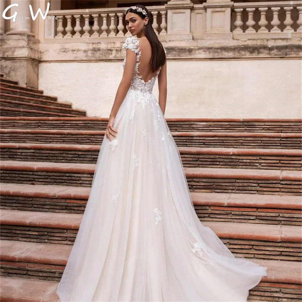 Vestido De novia clásico De tul con encaje, traje De novia con cuello en V, espalda descubierta