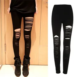 Schwarz Punk Zerrissenes heftiges Slashed Cut Gestreiften Leggings Hosen Gothic Club Asymmetrische Loch Elastische Dünne Bleistift Hosen Für Frauen Mädchen