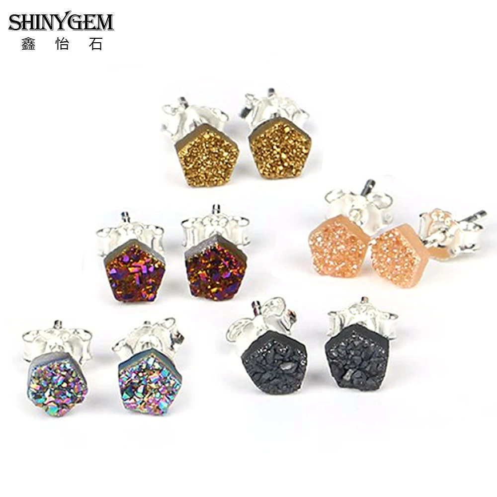 

shinygem fashion 4mm small pentagram star natural crystal druzy stud earrings silver needles cute sparkly gem for women