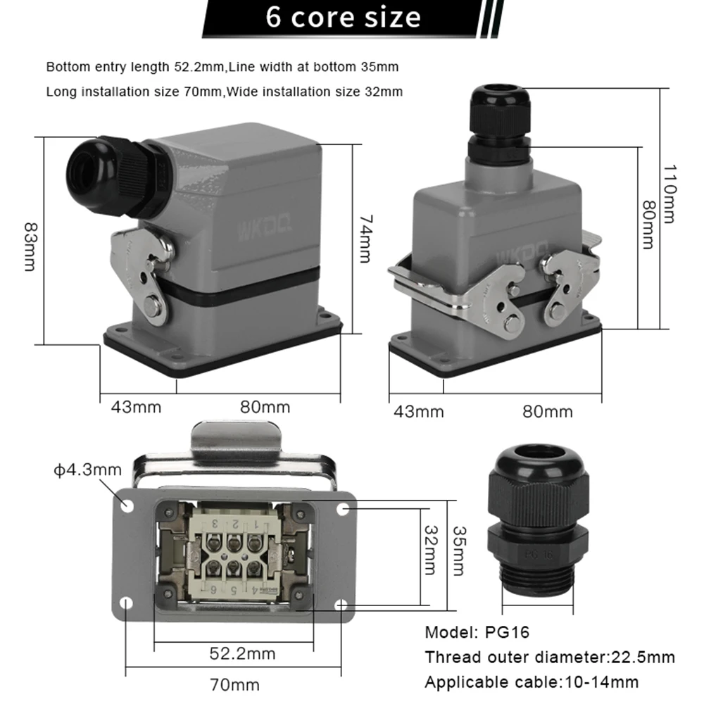 Hdc彼6 pinヘビーデューティコネクタ挿入500v 16A接触産業用電源ネジプラグソケット側/トップエントリーフードコアHDC-HE-06