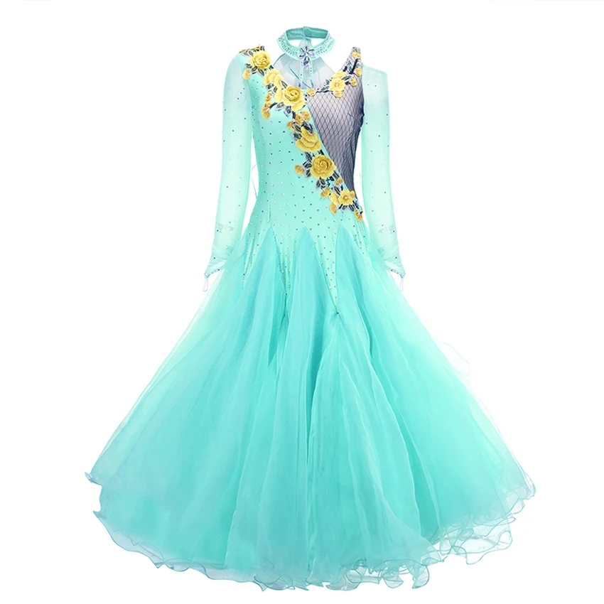 Ballroom Dance Competition Dress Cyan High-grade Dance Clothes Mesh Ribbon Flamenco Dress Woman 2024 V-neck Dresses for Standard