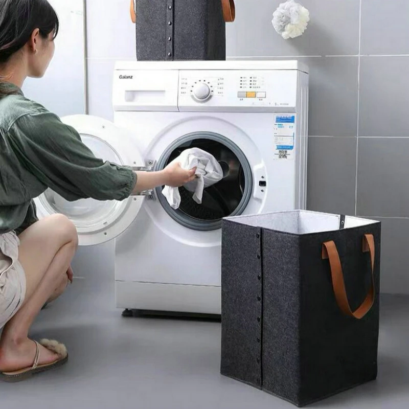 Felt Storage Basket With Open Buttons Dirty Clothes Laundry Basket Foldable Organizer Hamper - Image 3