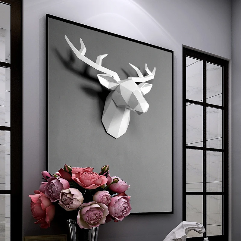 3D Herten Hoofd Standbeeld Decor Abstracte Sculptuur Home Decoratie Accessoires 50X49X20Cm Woonkamer Muur Grote elanden Standbeelden Decoraties