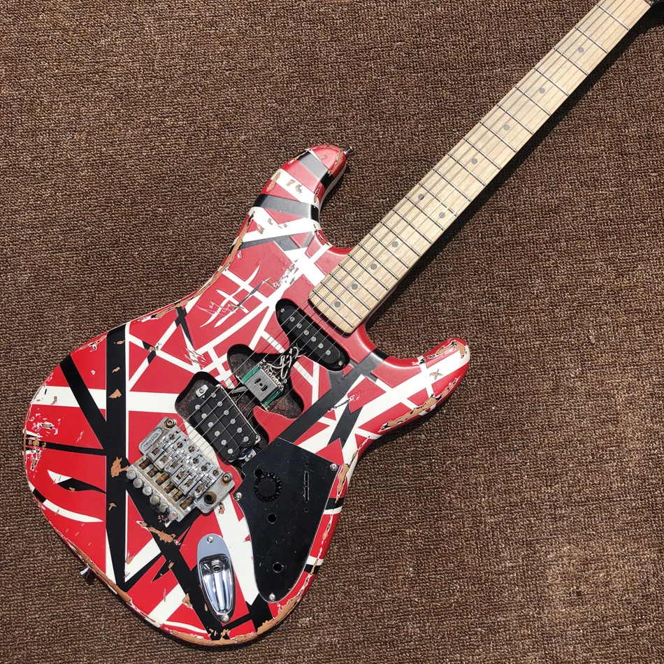 Eddie guitar/Heavy Aged/Black white red stripe/Franken Red Electric Guitar/Frankenstrat Free Shipping