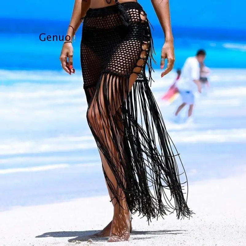 

Sexy Crochet Bikini Cover Ups Solid Beach Wear Women 2021 Tassel Saide De Plage Hollow Out Robe De Plage High Waist Beach Cover