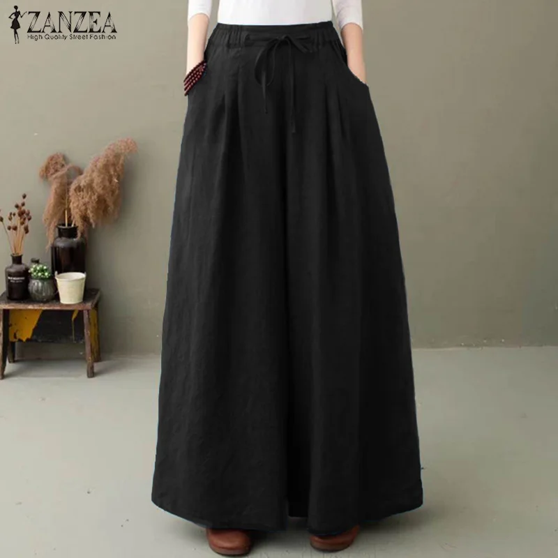 ZANZEA Elegant Women\'s Wide Leg Pants Autumn Trousers Casual Drawstring Pantalon Palazzo Female Elastic Waist Turnip Oversized