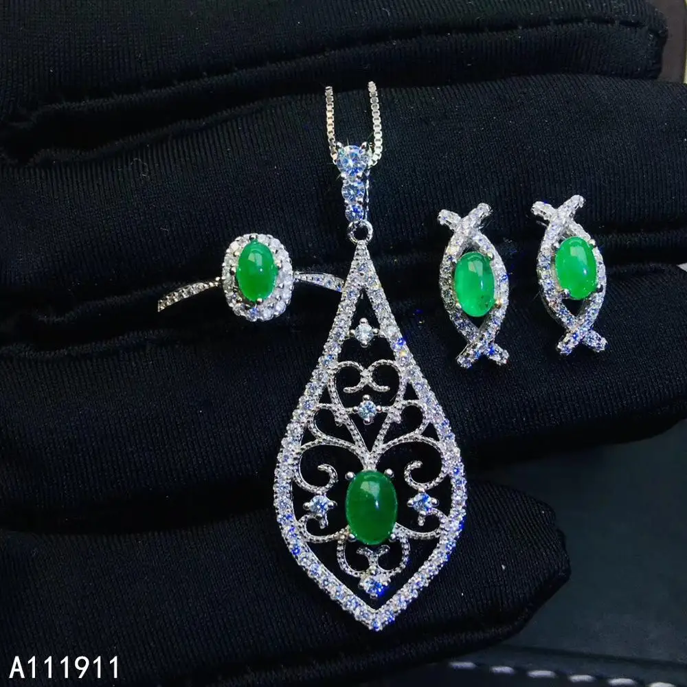 

KJJEAXCMY Boutique Jewelry 925 Sterling Silver Inlaid Natural Emerald Earring Necklace Ring Popular Suit Support Detection