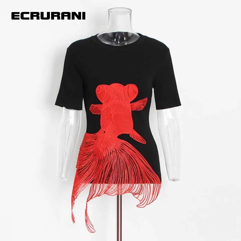 ECRURANI Patchwork Casual T Shirt For Women O Neck Short Sleeve Hit Color T Shirts Female Summer Fashion Clothing 2021 New Style