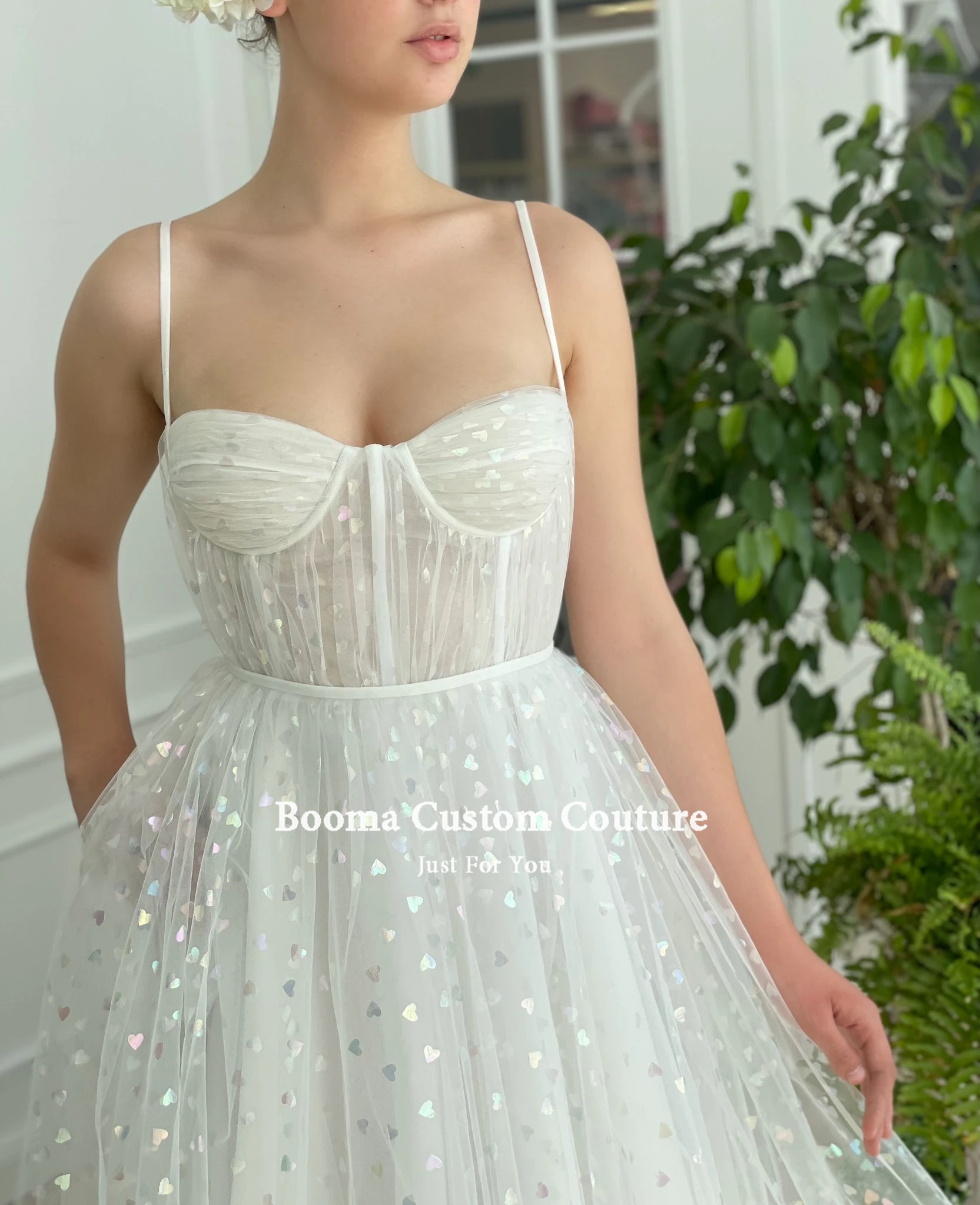 Booma Simple Hearty Tulle Midi Prom Dresses Spaghetti Straps Tea-Length A-Line Prom Gowns with Pockets Graduation Dresses