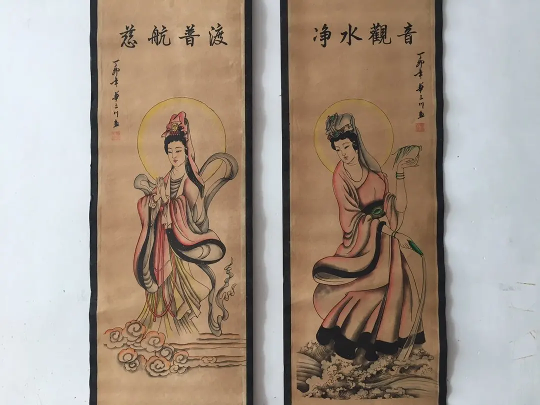 China celebrity painting old scrolls Four screen decorate guanyin  painting