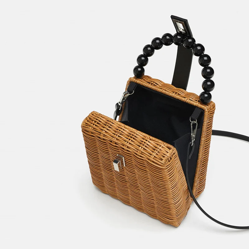 Mini Rattan Women\'s Handbag Handmade Straw Beach Bag Wicker Woven Bohemia Summer Female Shoulder Crossbody Bags Beaded Tote