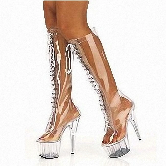 

Sexy Clear PVC Knee High Boots Crystal Platform 15 cm Super Heels Club Party Transparent Boots Lace up Ladies Lucency Bottine