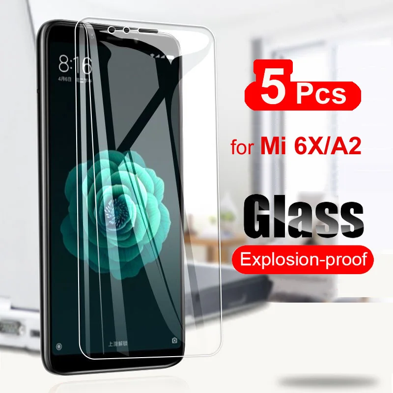 5Pcs Tempered Glass For Xiaomi Mi A2 MiA2 Screen Protector 10H Toughened Glass For Xiaomi Mi 6X A2 Mi6X Protective Film Clear