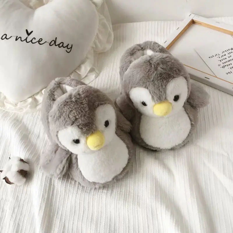 Cute penguin gray wool warm winter home slippers home slippers cute plush penguin dolls and soft home animals shoes