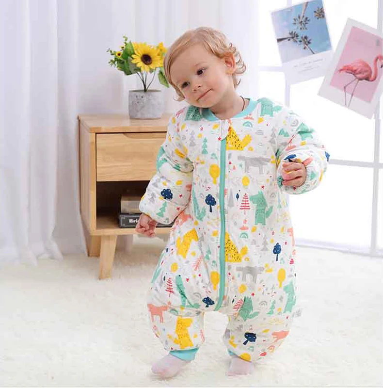 Gelukkig Fluit Baby 100% Katoen Slaapzak Lange Mouw Winter Cartoon Split Been Afneembare Mouwen Sleepsack Wrap Fit 0 ~ 6 Jaar Baby