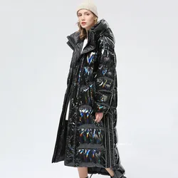 -30 grad Wasserdichte Starke Winter Super Lange Unten Mantel Frauen Puffer Jacke Shiny Laser 90% Weiße Ente Unten Jacke mit kapuze Parka