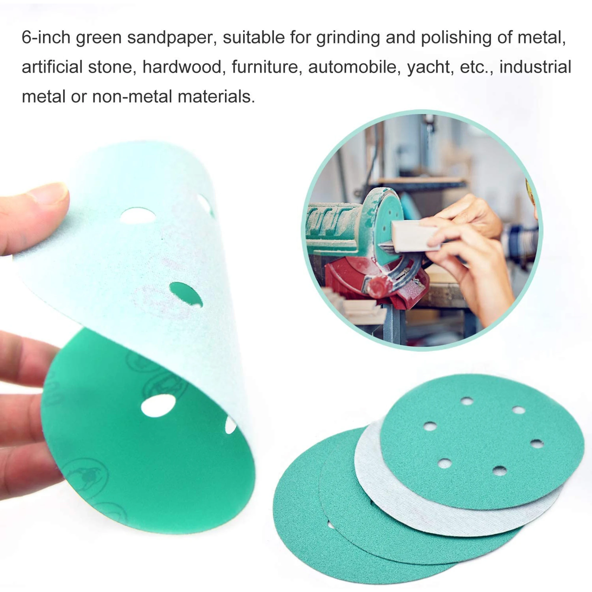 10PCS 6 Zoll (150mm) 6-löcher Polyester Film Nass/Trocken Haken & Loop Beflockung Grün Schleifen Discs Farbe Schleif Schleifpapier, 60 #-2000 #