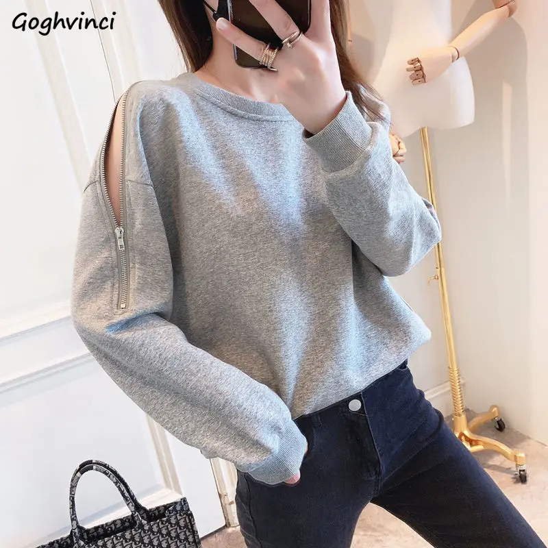 Hoodies Women Sweatshirts Hollow Out Zip-up Solid Kpop Stylish Loose Harajuku Ulzzang Streetwear Fashion Female Leisure O-neck