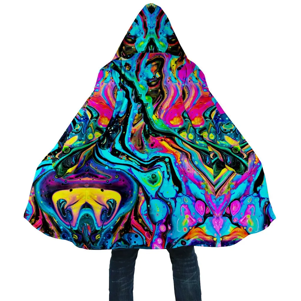 

2021 Winter Mens Cloak Psychedelic Tie-dye Art 3D full Printing Fleece Hooded Coat Unisex Casual Thick Warm Cape coat PF57