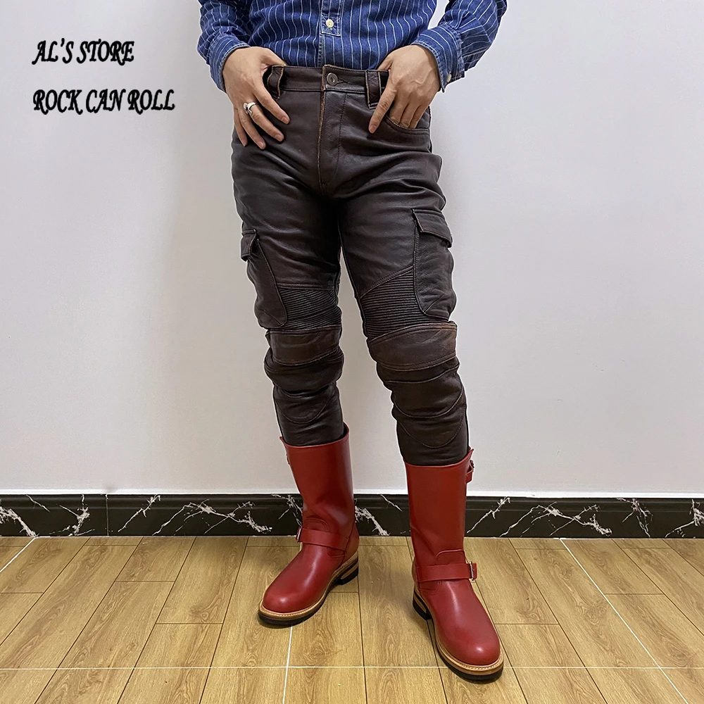 PK3 RockCanRoll Super Quality Genuine Cow Leather Motorcycle Rider Pants Vintage Stylish Cowhide Biker Trousers 4 Colours