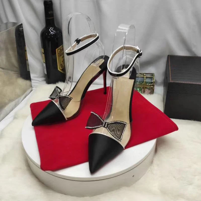 Satin PVC Patchwork Crystal Lace Bow-Tie Pointy Toe Ankle Strap Fashion Women High Heels Sandals Shoes