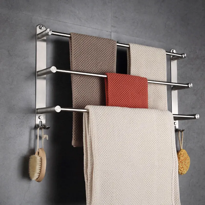 Bathroom Towel Rack with Hooks Wall Mounted, 304 Stainless Steel Towel Holder 3 Level Holder Towel Bar for Storage Bath Towels