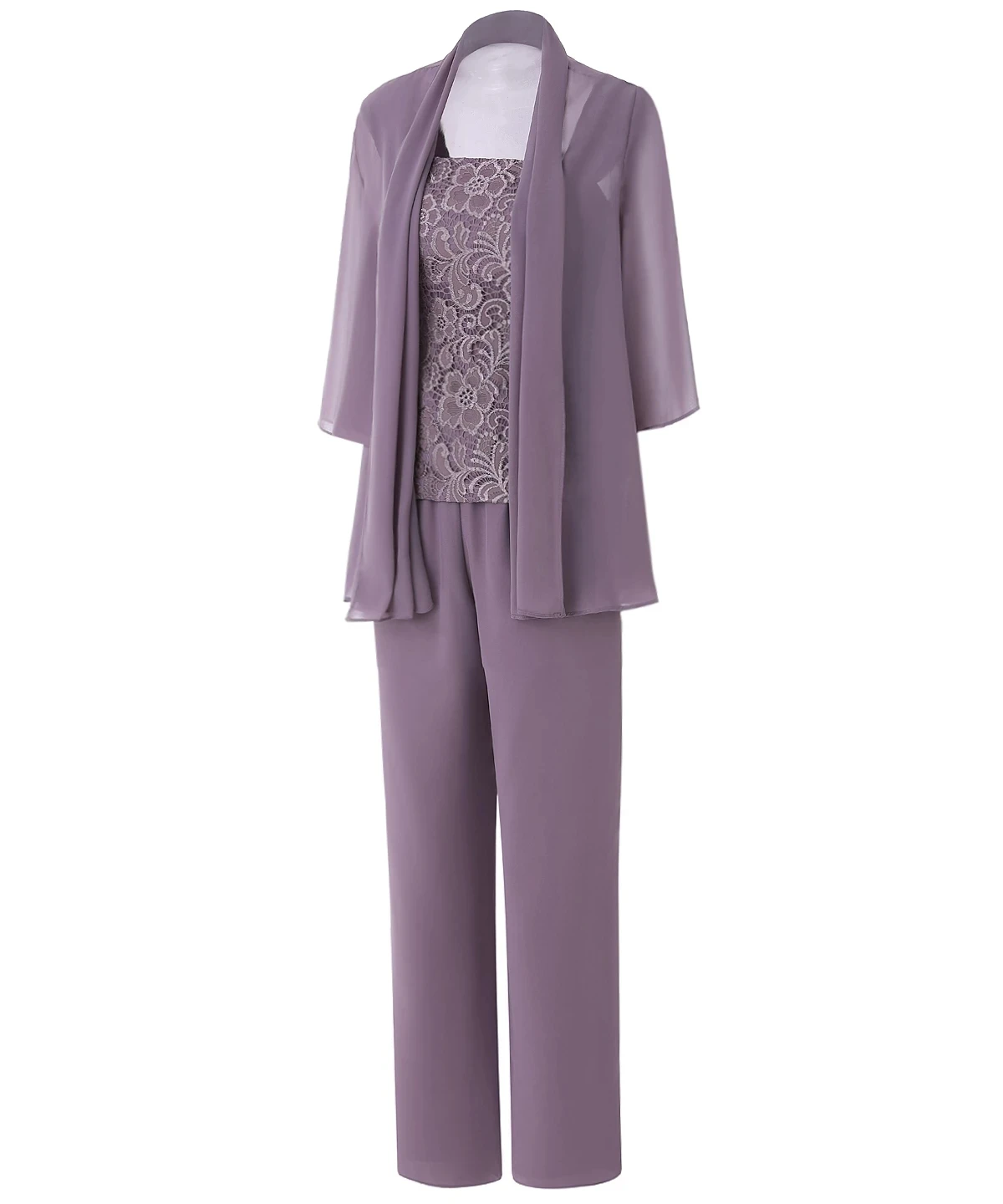 Pantsuits com renda para mãe da noiva com jaqueta curta, roupa de ilusão de chiffon para mulheres, mangas 3/4, vestido tamanho grande, 3 peças, 202