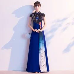 Pleated Ribbon Cheongsam Embroidery Flower Sexy Qipao Satin Floor Length Butterfly Dress Blue Female Chiffon Robe De Soiree