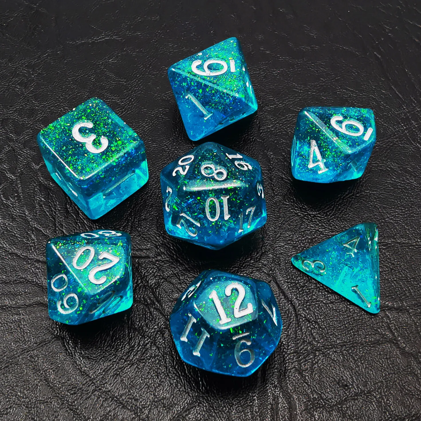 Bescon Blue Shimmery Dice Set,  Polyhedral RPG Game 7-dice Set in Brick Box Packing