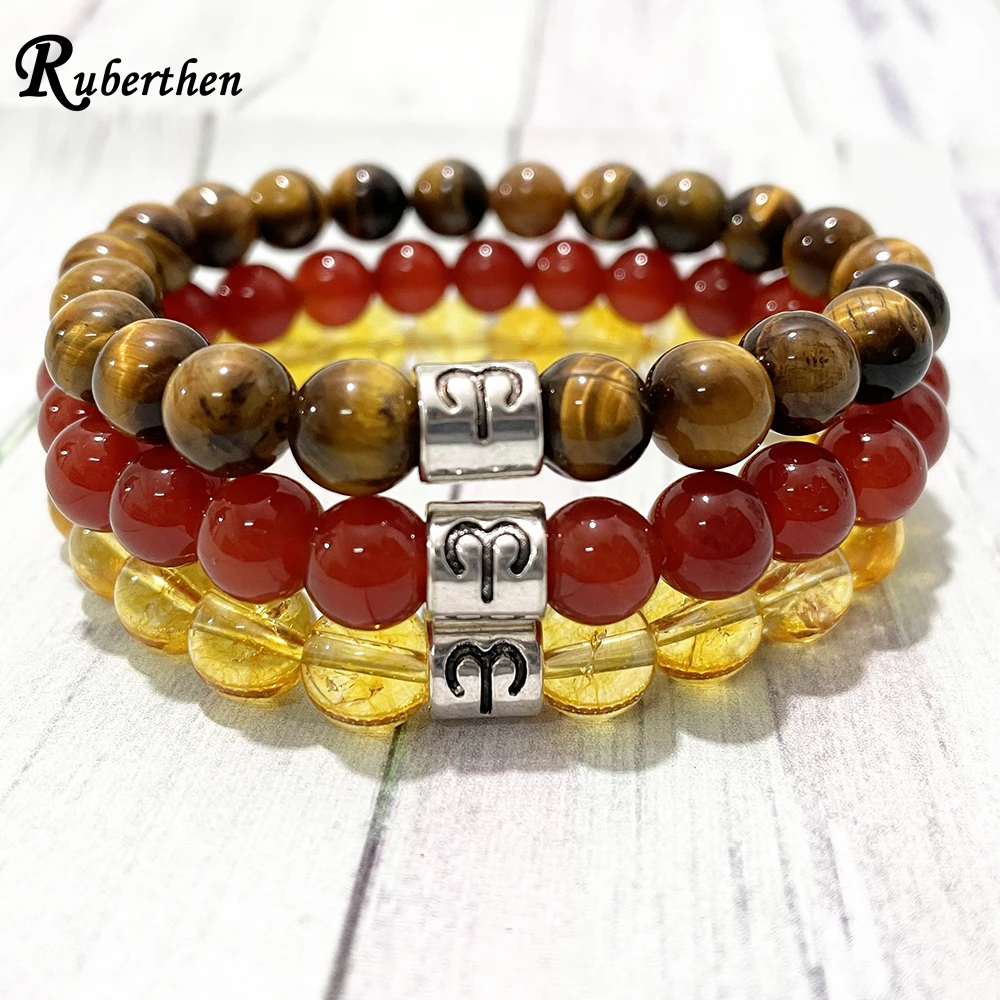 Ruberthen Fashion Women`s Aries Zodiac Wrist Mala Yoga Bracelet Tiger Eye Carnelian Bracelet Natural Yellow Crystal Jewelry