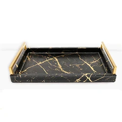 Nordic Marbled Leather Tray Rectangular Metal Handle Plate Storage Trays Decorative Home Hotel Coffee Table Service Plate Large